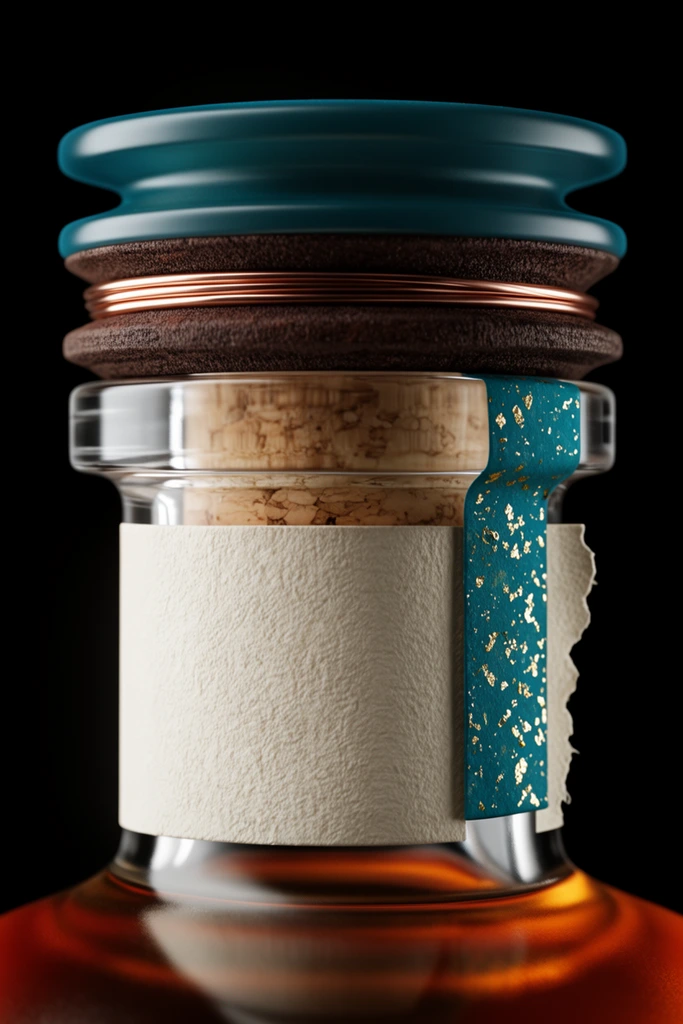 macro close-up of a premium glass bottle neck, multi-tiered stopper with teal top, copper wire wrap, dark brown textured base, cork inside clear glass, vertical teal seal strip with gold flakes, overlapping textured cream paper label with torn right edge, blurred amber liquid below, black background, dramatic studio lighting, sharp focus