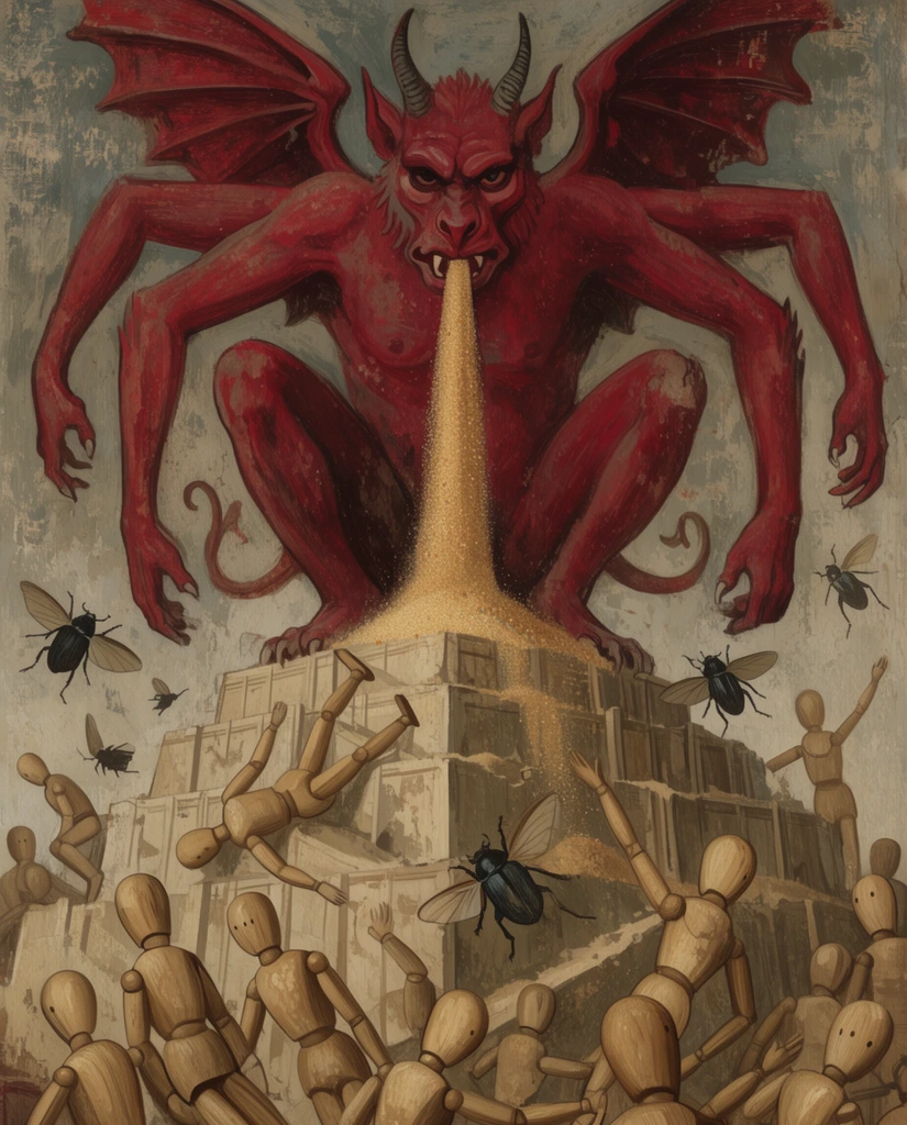 A colossal, multi-armed crimson gargoyle sits atop a ruined ziggurat, inhaling a stream of golden sand. Smooth-headed wooden mannequins and winged beetles tumble chaotically down the stepped pyramid below. The scene is painted in a flat, faded medieval fresco style with muted earthy tones, shallow perspective, and a dense, overlapping composition that creates a macabre, claustrophobic atmosphere.