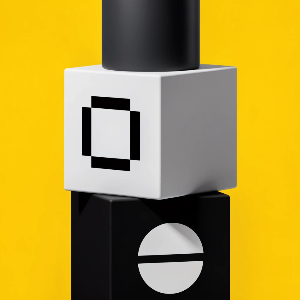 A vertical stack of bold geometric shapes stands against a vibrant solid yellow background in this minimalist 3D render. A matte white cube rests atop a black cube, crowned by a dark cylindrical column. The white cube bears a black pixelated square outline, while the black block features a white circular graphic with a horizontal cutout. Crisp studio lighting creates sharp shadows across the smooth surfaces, highlighting the high-contrast modernist composition and stark negative space.