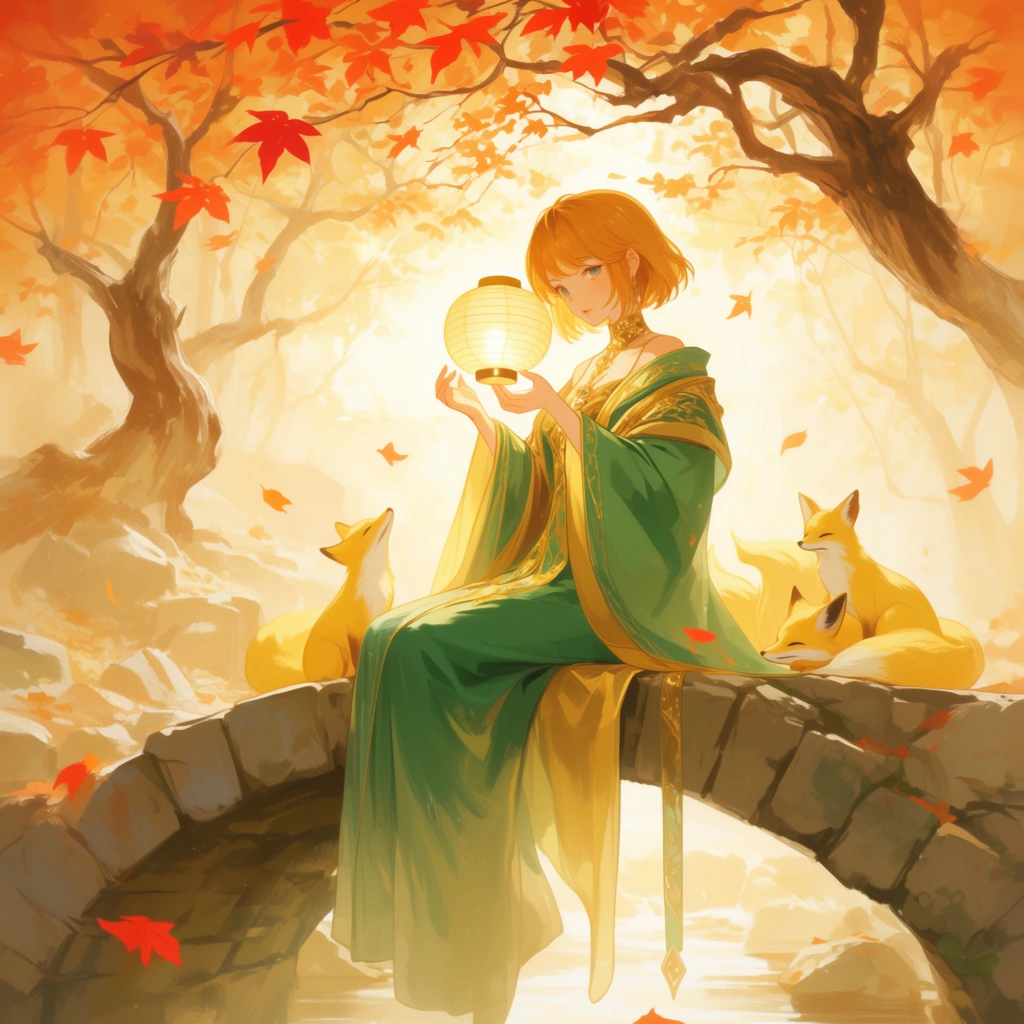 A young woman with short amber hair in a green and gold flowing robe sits by a rustic stone bridge in an autumn forest. She gently holds a glowing paper lantern near her face while tiny golden foxes rest beside her. The ethereal, painterly anime illustration features warm golden lighting, elegant tree branches, and gracefully falling red leaves.