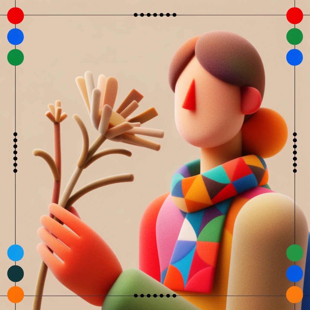A geometric 3D illustration features a stylized woman positioned on the right side holding a dried flower that extends into the lower left foreground, rendered in a tactile, brilliantly colored minimalist design aesthetic. The woman is constructed from plush, matte primitive shapes including smooth cylinders and spheres, wearing a geometrically patterned scarf around her neck featuring vibrant contrasting hues. Her stylized hand grips the single dried flower, which is built from rigid, curved cylindrical stems and simple geometric petals. All subjects exhibit a soft, flocked texture resembling dense foam or felt, illuminated by diffuse directional studio lighting that creates smooth color gradients and gentle cast shadows. The composition floats over a solid warm beige background and is bounded by a precise graphic layout consisting of thin black intersecting border lines, sequences of small black alignment dots, and vertical clusters of solid circular color swatches in primary red, green, blue, and bright orange near the outer edges.