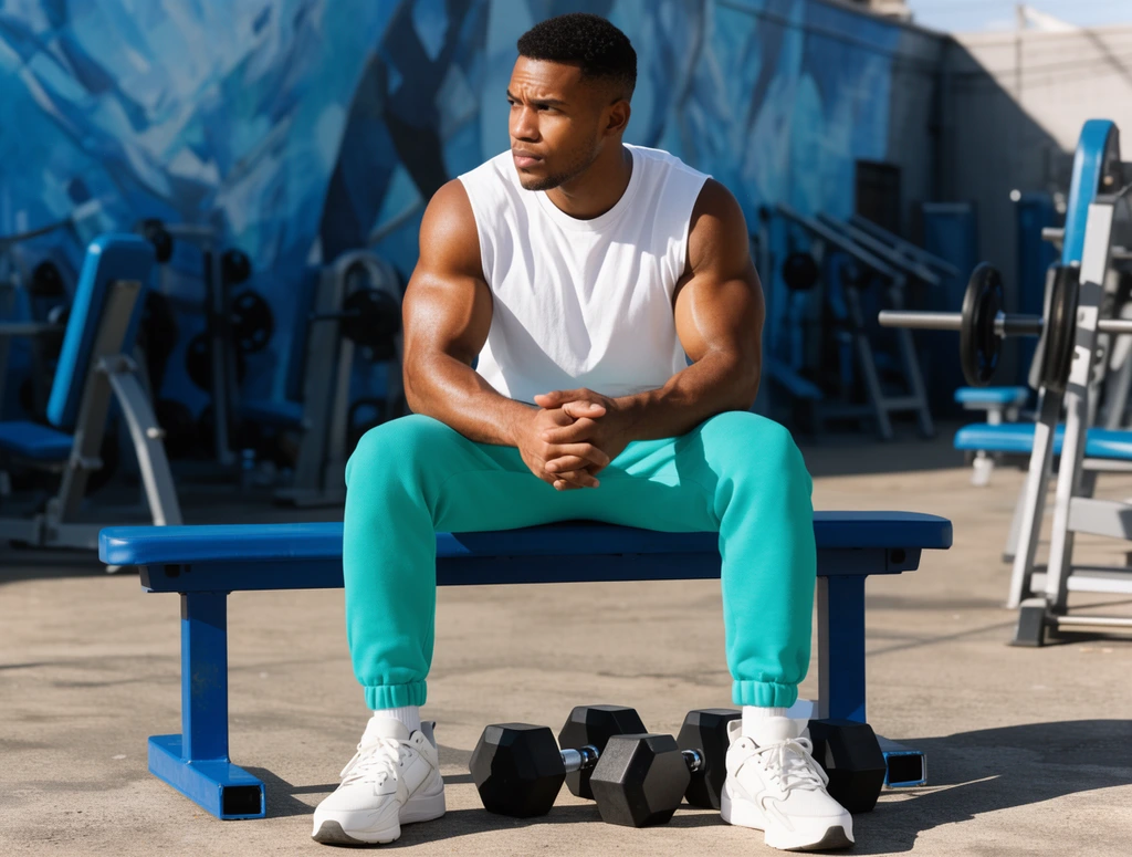 A muscular man in a white sleeveless shirt and vibrant teal sweatpants sits on a blue workout bench in a sunlit outdoor gym, looking away with a focused expression. Black hex dumbbells rest on the concrete floor beneath his white sneakers. Strong, direct sunlight casts sharp shadows, highlighting his physique against a softly blurred background of industrial gym equipment and abstract blue murals. The scene is captured in a crisp commercial fitness photography style with vivid, high-contrast lighting.