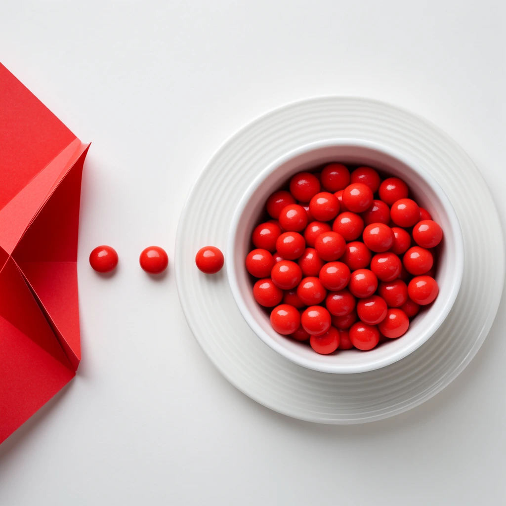 white ceramic bowl filled with glossy red spherical candies, white saucer with concentric ridges, pristine matte white flat lay background, three loose red candies forming a trail leading to an abstract red folded paper shape on the left edge, top-down perspective, minimalist composition, high-key studio lighting, vivid two-tone red and white color palette, modern still life photography