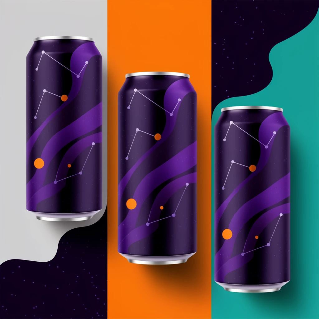 three floating aluminum beverage cans, staggered vertical arrangement, dark purple surface, starry speckles, flowing purple ribbons, orange circular accents, geometric constellation lines, silver metal rims, vibrant backdrop, vertical stripes in light grey orange and teal, undulating dark starry space cutouts, soft drop shadows, clean product mockup, studio lighting, vector graphic style