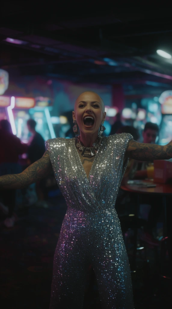 A tattooed woman with a shaved head throws her arms wide open while shouting enthusiastically in a neon-lit subterranean arcade. She wears a dazzling silver sequined jumpsuit with large shoulder pads and chunky geometric jewelry. Her mouth is wide open in a loud, theatrical cheer. The deeply blurred cinematic background reveals glowing cyan and magenta lights of out-of-focus arcade cabinets and scattered patrons at high-top tables. The dramatic lighting casts sharp highlights on her metallic outfit against deep colorful shadows, captured with an anamorphic lens to create striking atmospheric bokeh and rich contrast.
