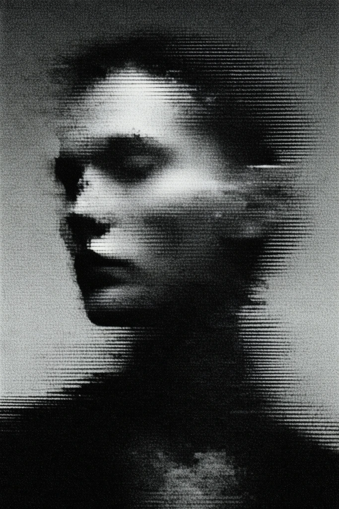 Monochrome Analog Glitch style AI image example 1