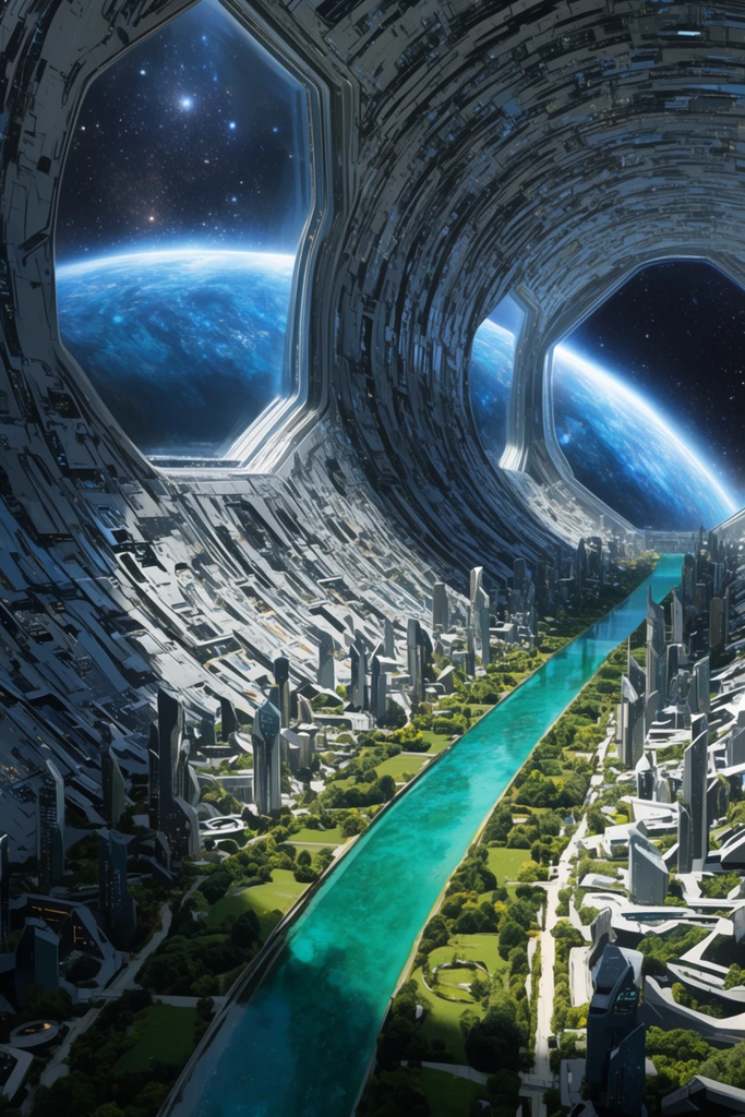 A sweeping interior perspective of a massive cylindrical space habitat where a futuristic city arcs dramatically upwards on both sides. A vibrant turquoise canal runs down the center, flanked by geometric metallic buildings and lush green parklands. Giant hexagonal windows on the upper left and right reveal a glowing blue planet against a starry cosmic void. The highly detailed sci-fi concept art features bright atmospheric lighting, contrasting cool grey architecture with striking terrestrial greens and deep cosmic blues.
