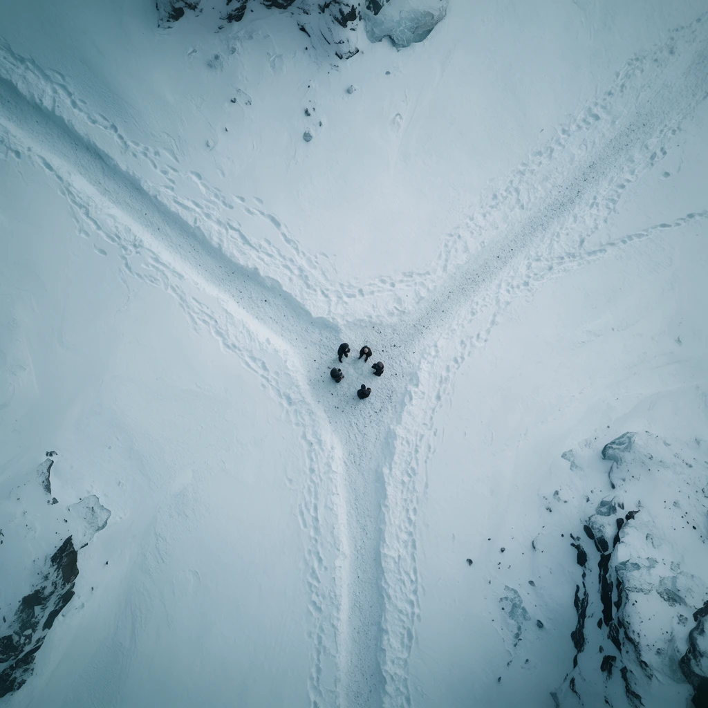 aerial top-down view of a vast desolate snowfield, Y-shaped paths carved into deep white snow, tiny dark figures grouped at the intersection, patches of exposed dark rock, pale icy blue and grey palette, minimalist cinematic composition