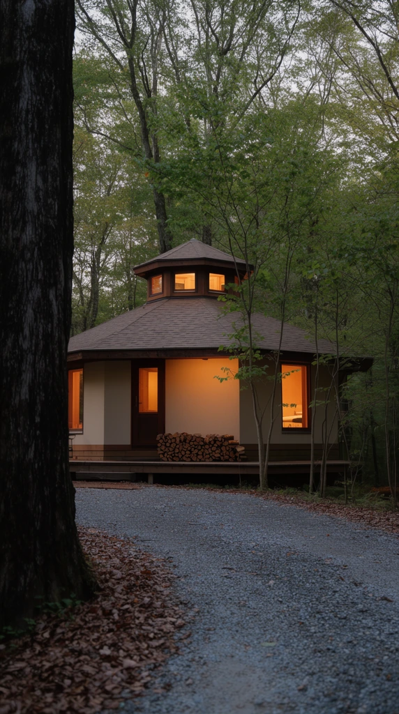 A geometric cabin nestled in a dense deciduous forest at twilight, featuring beige walls, dark wood eaves, and a multi-sided roof topped with a glowing cupola. Warm orange light radiates from rectangular windows onto a wooden porch holding a neat stack of firewood. A textured gravel driveway curves through the foreground, edged with fallen leaves. A massive dark tree trunk anchors the left frame, while slender saplings partially obscure the cozy, softly lit architecture in this naturalistic photograph.
