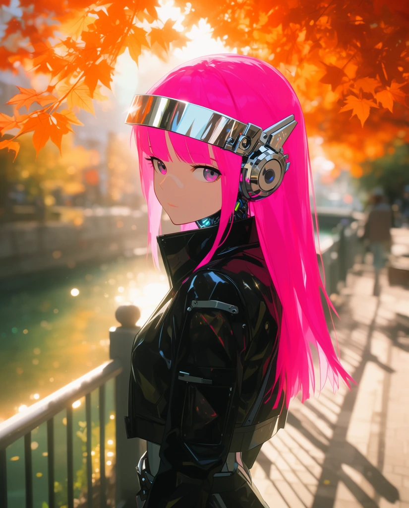 An anime-style illustration of a neon-pink-haired cybernetic girl glancing over her shoulder on a sunlit promenade. She wears a sleek black futuristic jacket and a chrome visor. Bright sunlight filters through vibrant orange maple leaves, illuminating a nearby canal with warm, glowing light and a soft depth of field.
