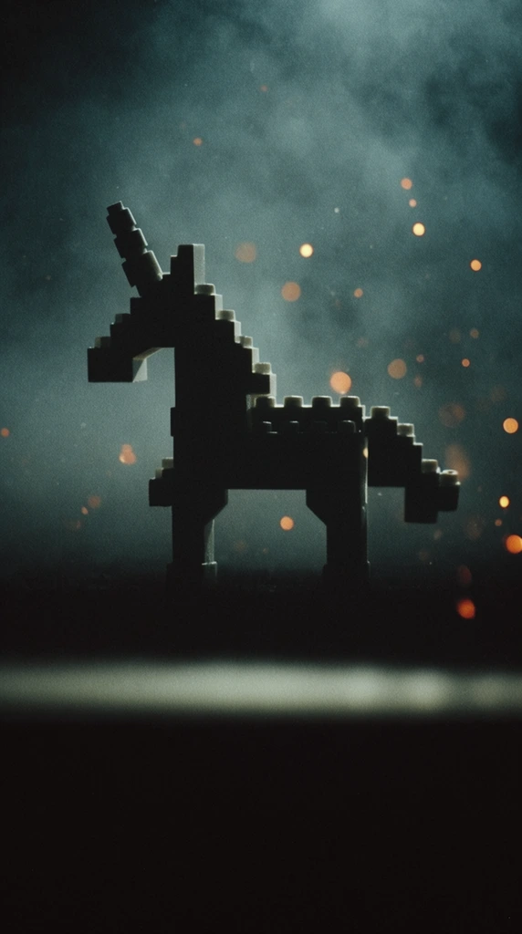 A stark, backlit silhouette of a toy unicorn constructed from interlocking bricks, positioned centrally within the frame. The blocky, studded texture of the bricks is faintly traced by a soft, cool-toned rim light against a dense, teal-tinted volumetric fog. The unicorn is enveloped in deep, low-key shadows, situated above a dark lower quadrant marked by a singular, faint horizontal band of pale light. Glowing, out-of-focus amber embers drift through the smoky background space, rendering as bright, scattered circular bokeh spots of varying sizes. The cinematic composition utilizes a shallow depth of field, maintaining sharp focus on the jagged, stepped silhouette of the brick unicorn while heavily blurring the atmospheric particulate. Heavy film grain and high-contrast lighting define the desaturated cool-teal color palette, punctuated solely by the stark orange luminescence of the floating sparks.