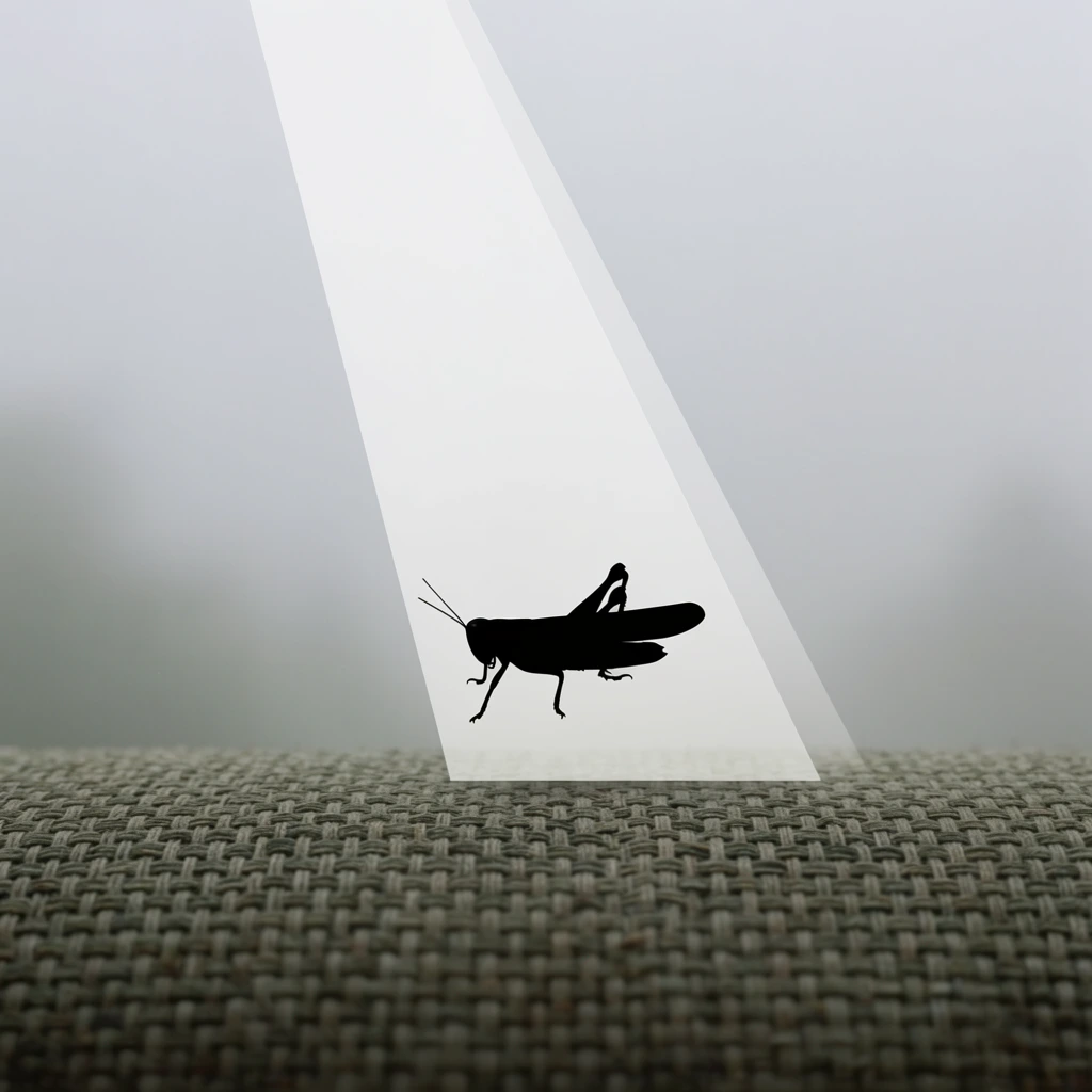 A stark, pitch-black silhouette of a grasshopper hovers above a textured, muted woven surface that establishes a rigid, flat horizon line across the lower third of the frame. The background is a uniform, dense, pale grey foggy expanse. A stylized, hard-edged, opaque white geometric cone of light beams diagonally downward through the mist, illuminating the grasshopper and striking the woven ground with sharp, vector-like precision. The aesthetic merges photorealistic macro textures in the woven substrate with purely graphic, flat two-dimensional elements seen in the black insect silhouette and the solid volumetric light ray. The composition utilizes extreme minimalism, a balanced flat perspective, and stark tonal contrast to generate a quiet, hyper-stylized atmospheric aesthetic.