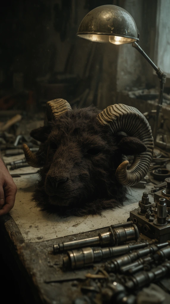 dark brown furry mask with curled ram horns on a light surface, rustic workbench cluttered with metallic cylindrical tools and mechanical parts, vintage domed metal desk lamp, partial hand visible on the left edge, dimly lit dusty workshop, shallow depth of field, cinematic chiaroscuro lighting, muted earthy color palette, gritty realism