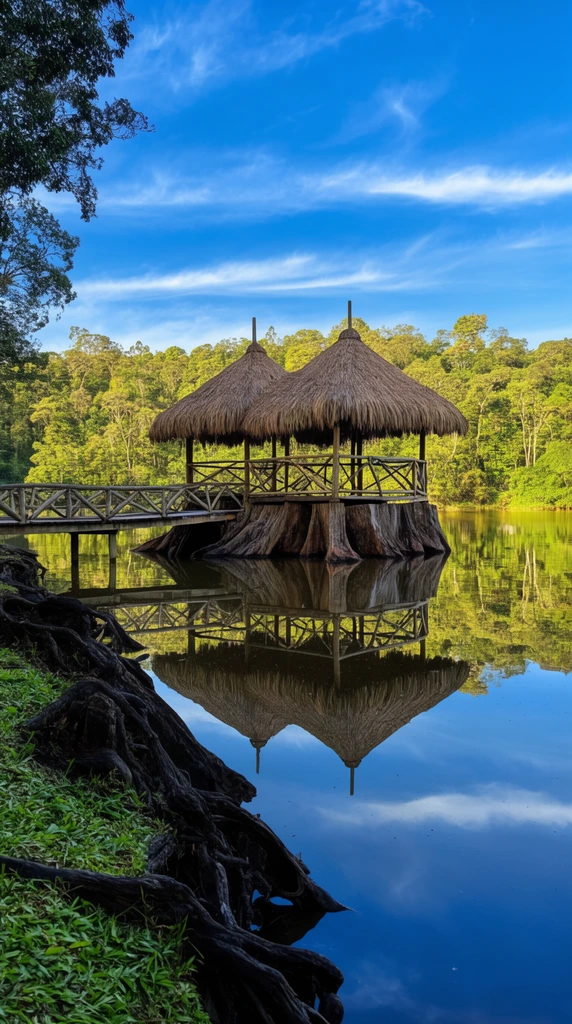 A rustic double-peaked thatched gazebo rests on massive tree stumps in a calm lake, joined to the shore by a wooden footbridge. The still water casts a flawless mirror reflection of the structure and the dense, sunlit green forest behind it. Dark, gnarled roots anchor the grassy left foreground under a vibrant blue sky with wispy white clouds in this sharp daytime landscape photograph.