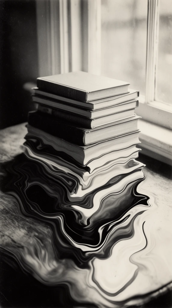 A stack of hardcover books resting on a table beside a window is depicted in a surreal, high-contrast monochrome photographic style with severe liquid-like melting distortions concentrated in the lower half of the frame. The upper portions of the books, their rigid spines, and the structural window panes remain sharply defined under soft, diffused natural illumination filtering through the glass. The lower halves of the books and the horizontal surface of the table undergo an extreme fluid warp effect, melting downward into swirling, elongated ripples. This intense visual distortion transforms the solid table and the base of the objects into marbled patterns of deep, inky blacks, bright whites, and smooth mid-tone grays that mimic a viscous, reflective fluid. The overall aesthetic merges the tonal range of a vintage gelatin silver print with pronounced, dreamlike liquid abstraction, creating a stark visual transition from realistic solidity at the top to undulating, wavy surrealism at the bottom.