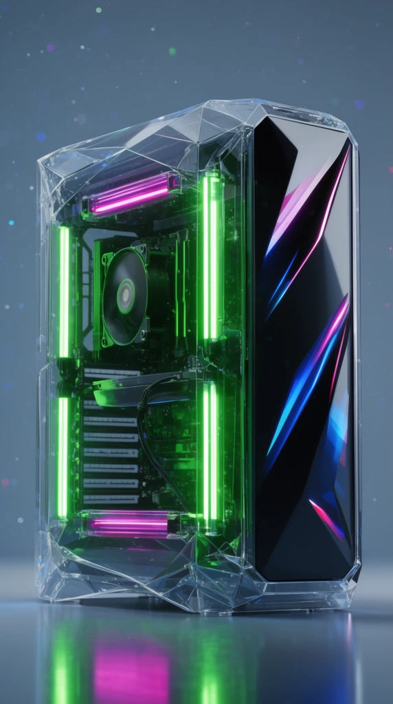 A transparent geometric computer tower sits on a reflective surface against a blue-grey studio background with floating bokeh particles. The faceted glass casing reveals internal hardware illuminated by bright vertical neon green LED strips and horizontal magenta light tubes. The sleek dark side panel features angular indentations catching diagonal blue and pink reflections, completing this highly detailed, photorealistic high-tech product rendering.
