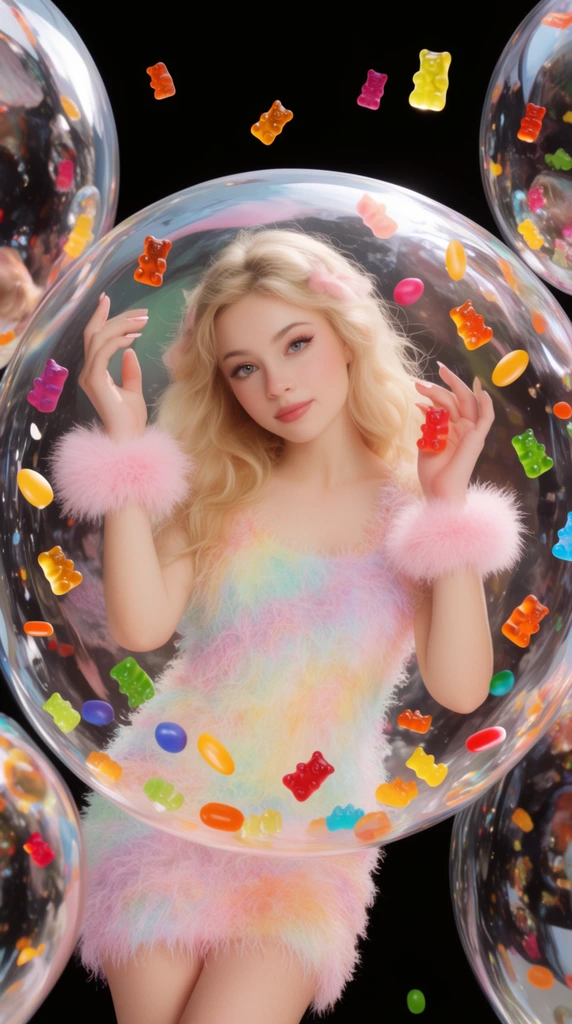 young woman floating inside a central transparent bubble against a solid black background, fuzzy pastel rainbow dress, fluffy pink wrist cuffs, surrounded by floating colorful gummy bears and candies, partial mirrored bubbles on left and right edges, bright soft studio lighting, surreal pop aesthetic