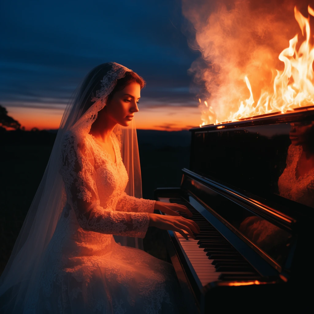 A woman in a white lace wedding dress and sheer veil plays a glossy black upright piano outdoors at twilight. Bright orange flames and thick smoke billow from the top of the piano, contrasting against a deep blue and orange horizon. The intense firelight heavily illuminates her calm face and gown with warm orange hues, while her reflection faintly appears in the polished surface of the instrument.