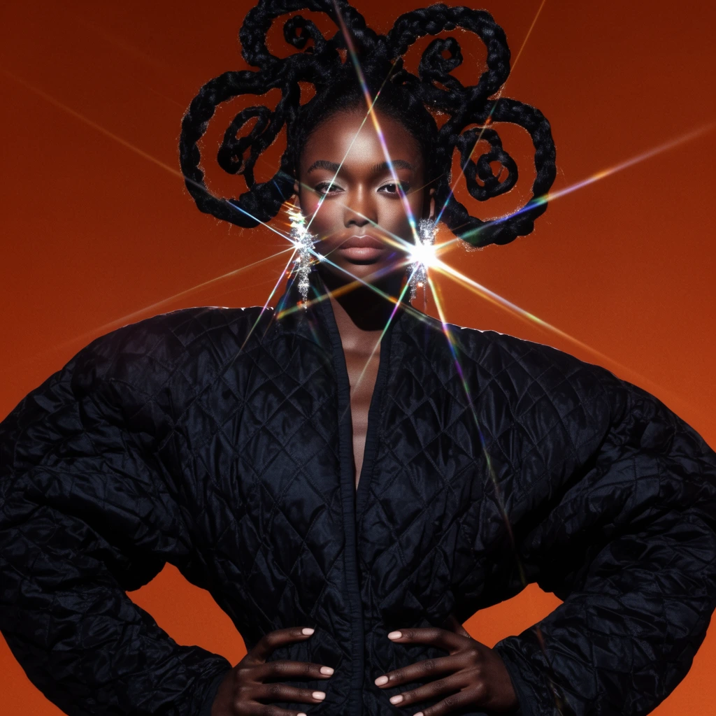 high fashion portrait of a Black woman, elaborate sculptural braided hair, voluminous black quilted jacket, hands on hips, sparkling earrings, dramatic starburst lens flare across her face, solid burnt orange background, cinematic lighting