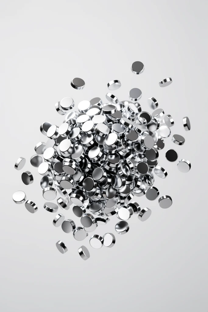 A dynamic cluster of highly reflective silver metallic discs floats mid-air against a seamless light gray background. Tightly packed in the center, the small flat cylindrical shapes catch intense light. Individual discs scatter outward from the main mass, suspended at various angles to reveal smooth circular faces and crisp vertical edges. The polished chrome-like material features sharp white specular highlights and deep contrasting reflections. The sleek, minimalist macro composition freezes a moment of explosive separation, emphasizing clean industrial textures and high-key studio lighting.