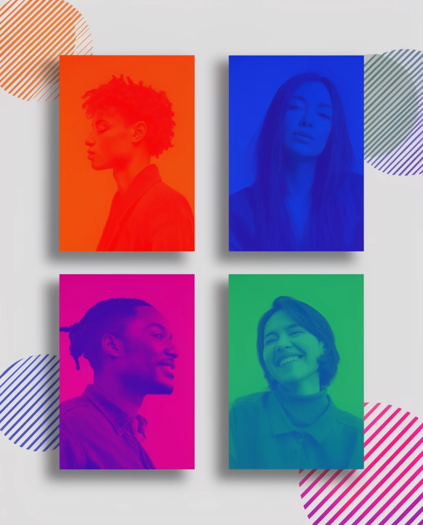 four vertical duotone posters featuring people, vibrant red orange blue magenta green gradients, light gray background, floating abstract geometric shapes, diagonally striped circles, modern graphic design mockup, drop shadows