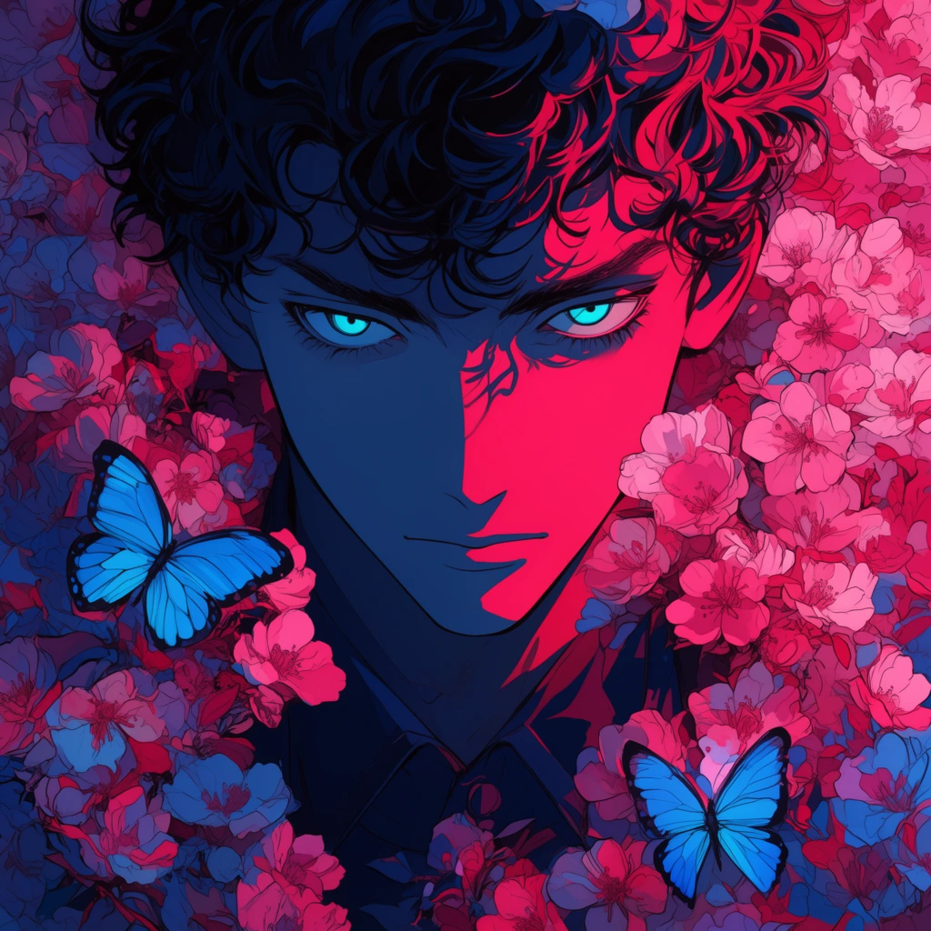 A close-up graphic portrait of a young man with dark curls and piercing cyan eyes, framed by dense pink blossoms. His intense face features dramatic duotone lighting, with deep navy shadows on the left and vivid magenta highlights on the right. He wears a dark collared shirt blending into the intricate floral foreground. Two brilliant blue butterflies rest among the layered petals. The illustration utilizes sharp line art, crisp cel-shading, and a high-contrast palette of electric blues and crimson to create a moody, ethereal atmosphere.