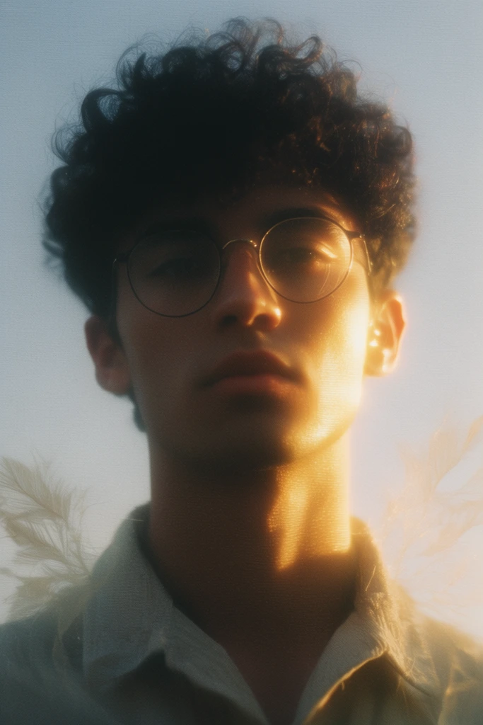 close-up portrait of a young man with dark curly hair and round glasses, light collared shirt, striking warm golden rim lighting on the right side of his face and neck, deep shadows on the left, ethereal halation with glowing edges, neutral expression, wispy feather-like artifacts near the shoulders, soft hazy pale blue sky background, fine film grain, canvas texture, cinematic lighting, soft focus