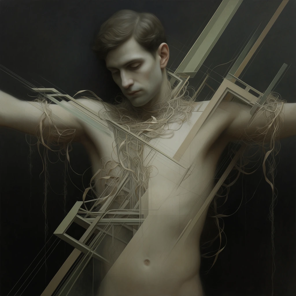 A shirtless man with his arms extended outward, rendered in a surreal, meticulously detailed fine-art aesthetic with a smooth, matte-painted finish. The figure's pale, desaturated alabaster skin emerges from a deep, velvety charcoal-black background, highlighted by soft, diffused chiaroscuro lighting that creates gentle gradients across his anatomy. Intricate, rigid geometric structures, including parallel drafting lines, flat angular beams, and sharp architectural frameworks in muted beige and pale olive, intersect and seamlessly slice through his torso and outstretched limbs. Delicate, dry fibrous tendrils, intertwining ribbon-like strips, and fine thread-like strands tangle intricately around his chest, neck, and arms, drooping downward and trailing off into the surrounding shadows. The composition utilizes a subdued, earthy color palette of ashy parchment, faded sage, and shadowy grays, merging classical figuration with fragmented, constructivist geometric intrusions.
