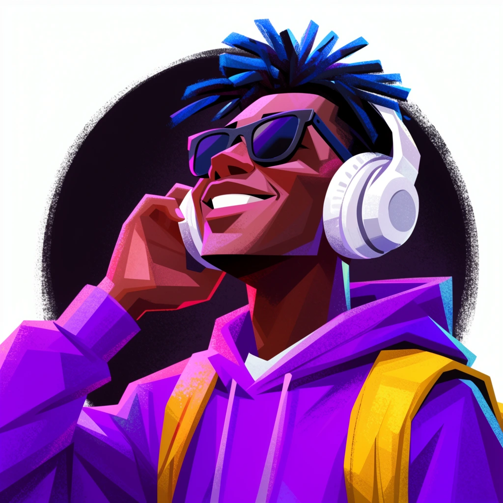 stylized digital portrait of a smiling young man looking up, wearing large white headphones, hand touching earcup, vibrant purple hoodie, tucked sunglasses, yellow backpack, blue-highlighted dreadlocks, angular geometric shading, bright pink and purple lighting, dark circular backdrop on white, textured vector art style