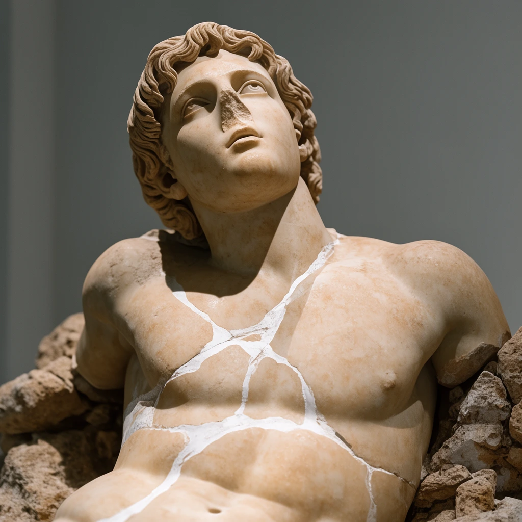 A close-up of an ancient, warm-beige marble statue of a muscular youth with wavy hair leaning backward against rough rocks. Stark white filler repairs prominent structural cracks crisscrossing the torso. Dramatic directional lighting casts a sharp, angular shadow from the jawline across the collarbone. The sculpted face features a broken nose and a serene upward gaze, set against a smooth, neutral gray gallery wall.