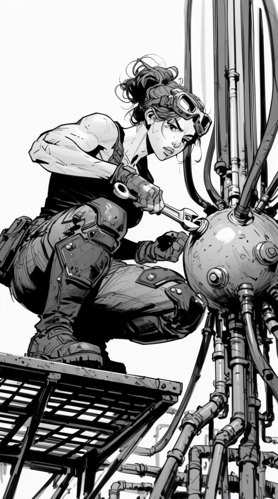 muscular female mechanic adjusting machinery, black and white comic illustration, dynamic low-angle perspective, woman crouching on a metal grate platform, messy updo, goggles on forehead, dark tank top, armored trousers, heavy boots, using a wrench on a spherical metallic node, thick cables and vertical pipes attached to the central sphere, intricate pipe network below, pure white background, bold ink outlines, selective gray shading, expressive cross-hatching