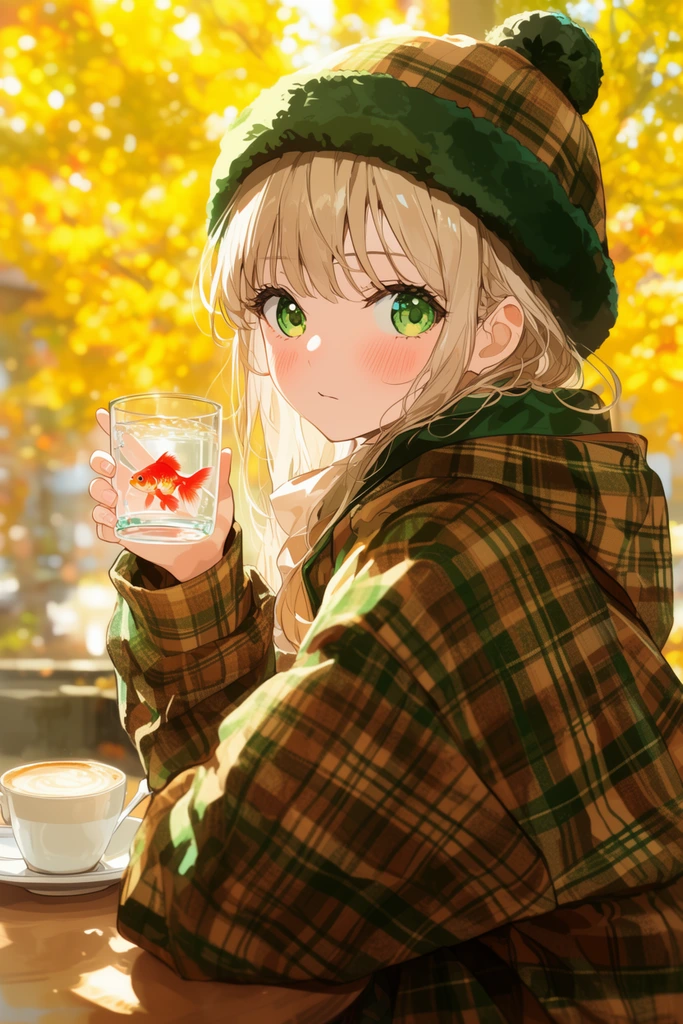 anime-style young woman looking back over shoulder, light blonde hair, expressive green eyes, rosy cheeks, wearing oversized brown and green plaid coat with matching pom-pom hat, holding up clear glass with a red goldfish, latte on table, bright autumn background, blurred yellow foliage, strong cinematic sunlight, bokeh, warm vibrant colors, high detail digital illustration