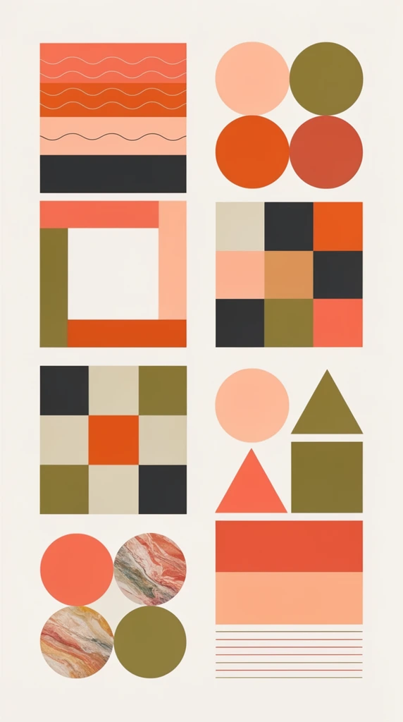 minimalist geometric abstract layout, organized two-column grid of flat vector shapes, off-white background, mid-century modern palette of coral, burnt orange, peach, charcoal, olive green, stacked rectangular blocks, thin wavy lines, overlapping colored circles, corners defining a negative space square, mosaic of varying squares, nine-square grid with highlighted center, simple circle triangle and square, grouped circular cluster, three circles with marbled stone textures, vertically stacked solid blocks and thin horizontal stripes, clean spatial balance, infographic style design