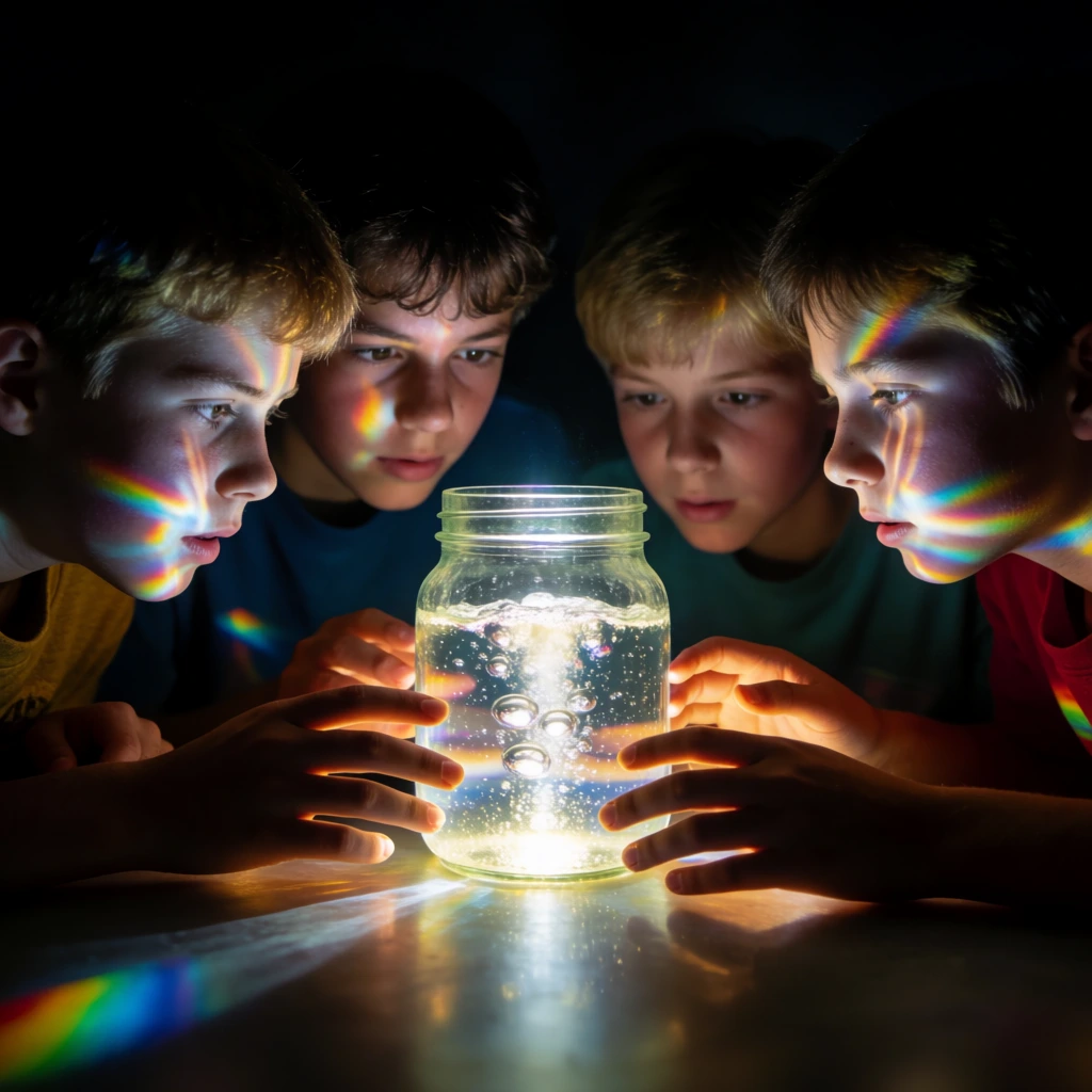 Four youths peer intently at a glowing glass jar of bubbling water in a completely darkened room. Striking prismatic rainbow flares cast vibrant light streaks across their mesmerized faces and the smooth tabletop. Leaning closely inward, their hands gently reach toward the radiant liquid. Deep cinematic chiaroscuro contrasts the brilliant central illumination against the heavy surrounding shadows.