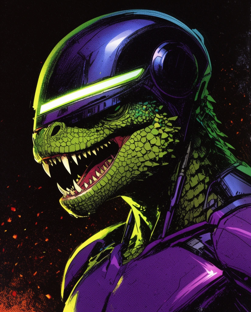 Profile portrait of a reptilian cyborg, comic book ink style, gritty halftone texture, neon green and deep purple palette, smooth sci-fi helmet, glowing horizontal visor, scaled jaw with sharp fangs snarling, sleek purple chest armor, dramatic side lighting, dark background with embers, high contrast graphic novel aesthetic