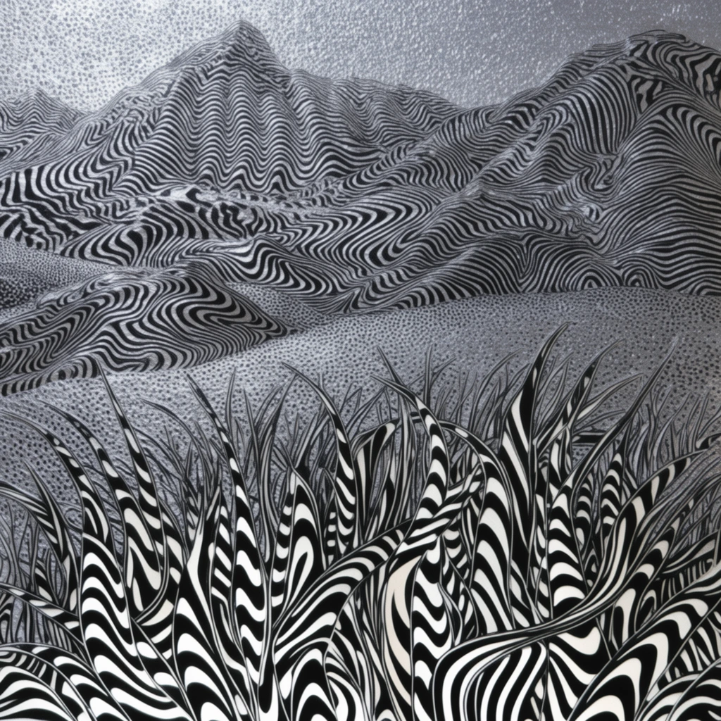 Tall grass in the foreground gives way to rolling hills and towering mountains in the background, entirely rendered in a high-contrast, black-and-white op-art aesthetic with metallic silver undertones. The entire landscape is constructed from dense, hypnotic, zebra-like wavy bands and undulating contour lines that wrap around the topography to create three-dimensional volume. The foreground grass blades are formed by thick, fluid black stripes alternating with stark white, twisting organically upward. In the background, the peaks and valleys of the mountains are defined by continuous, rhythmic, distorted line work that generates a vibrating optical illusion. The sky and lighter ambient areas are heavily textured with a stippled, halftone-like dot pattern in shimmering greys, giving the scene the appearance of an intricate, psychedelic linocut or highly stylized contour engraving.