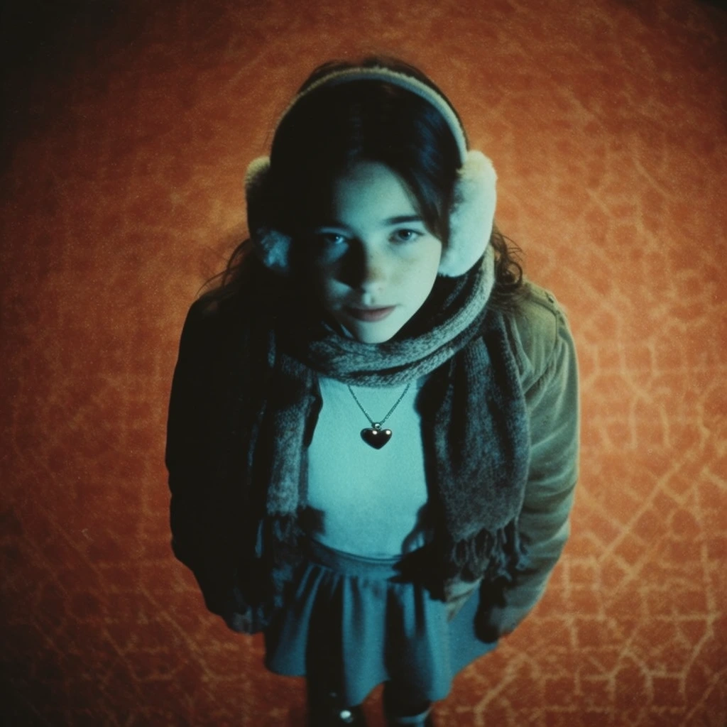 A high-angle, top-down perspective looking directly down at a centrally framed girl wearing earmuffs, a wrapped scarf, a jacket, a heart necklace, and a skirt. Stark, cool-toned overhead lighting illuminates her, casting deep shadows downward and highlighting her clothing with a distinct cyan-teal tint. The background consists of a textured, warm rust-orange and copper-toned surface with a subtle geometric pattern, establishing a striking warm-cool cinematic color contrast. The visual style mimics vintage 1970s analog medium format film photography, characterized by heavy film grain, cross-processed color grading, intense shadow density, a subtle optical vignette, and a moody, dramatic atmosphere. Sharp central focus emphasizes the details of her winter accessories and heart necklace against the softer, warmly lit surroundings.