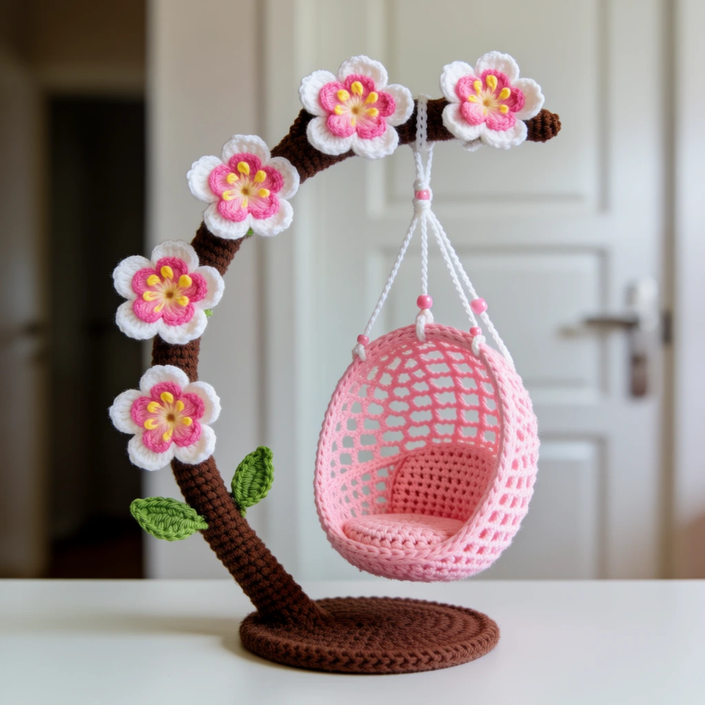 A decorative crochet centerpiece depicts a curved brown branch blooming with pink flowers and supporting a small hanging chair. The branch is made of textured dark brown yarn, rising from a flat circular base and arching toward the right side of the frame. Five crochet flowers are attached along the length of the branch, each featuring white outer petals, a bright pink inner border, and a cluster of yellow yarn stamens in the center. Two small, green, teardrop-shaped crochet leaves are attached to the lower section of the stem. Suspended from the top curve of the branch by thin white crochet cords is a pink egg-shaped chair. The chair is constructed with a wide mesh crochet pattern and contains a solid pink cushion inside. Four white cords merge at a single point on the branch to hang the chair, and small pink beads are threaded onto these cords. The entire structure sits on a plain white horizontal surface in front of a blurred interior background. In the soft-focus background, a white paneled door with a silver handle is visible on the right, while a darker doorway or wall is on the left. The photograph uses a shallow depth of field to emphasize the intricate detail of the yarn work, with bright, even lighting that enhances the pastel color palette of pink, white, green, and brown.
