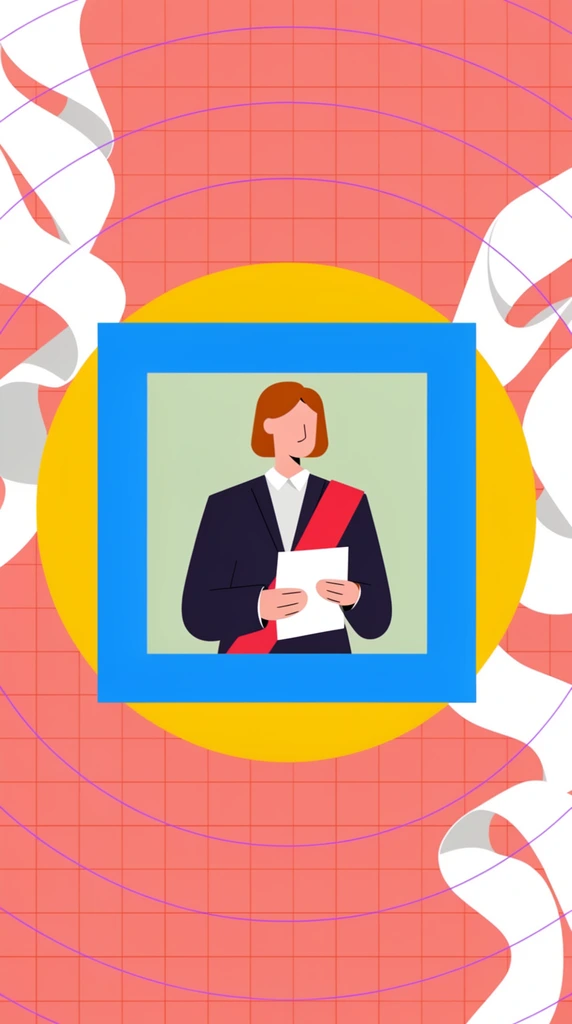 2D flat vector illustration of a figure with short auburn hair in a dark suit and diagonal red sash holding a white paper, centered inside nested geometric frames of a pale green square, bright blue square, and thick yellow ring, coral pink background layered with a fine red grid, flanked by abstract flowing white ribbon shapes, thin purple concentric circles overlaying the grid, minimal facial features, vibrant bold colors, clean symmetrical layout
