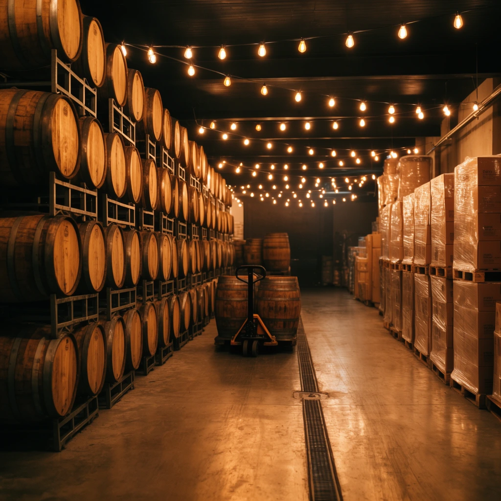 industrial barrel room, wooden oak barrels stacked four high on metal racks along the left wall, central aisle with a pallet jack holding barrels, tall pallets of shrink-wrapped boxes on the right, deep one-point perspective, dark ceiling crisscrossed with strings of warm glowing Edison bulbs, polished concrete floor reflecting ambient amber light, linear floor drain, cozy atmospheric warehouse lighting, rich brown and amber color palette, low-key illumination