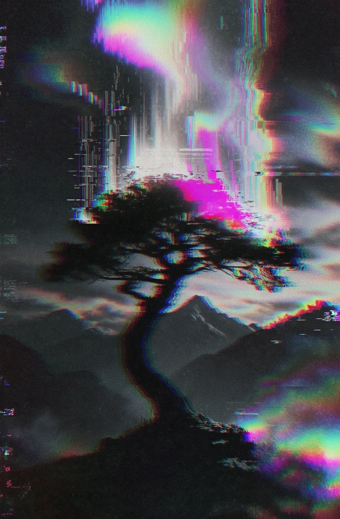 glitch art aesthetic, single tree with a dramatically curved trunk silhouetted against distant mountain peaks, heavy chromatic aberration with neon magenta and cyan fringing, vertical digital distortion streaks trailing upwards from the canopy like data moshing, grainy film texture, dark moody atmosphere, glitched typography fragments scattered in the shadows, iridescent liquid light leaks, surreal dreamcore style, high-contrast, pixelated artifacts, scan lines, ethereal digital decay.