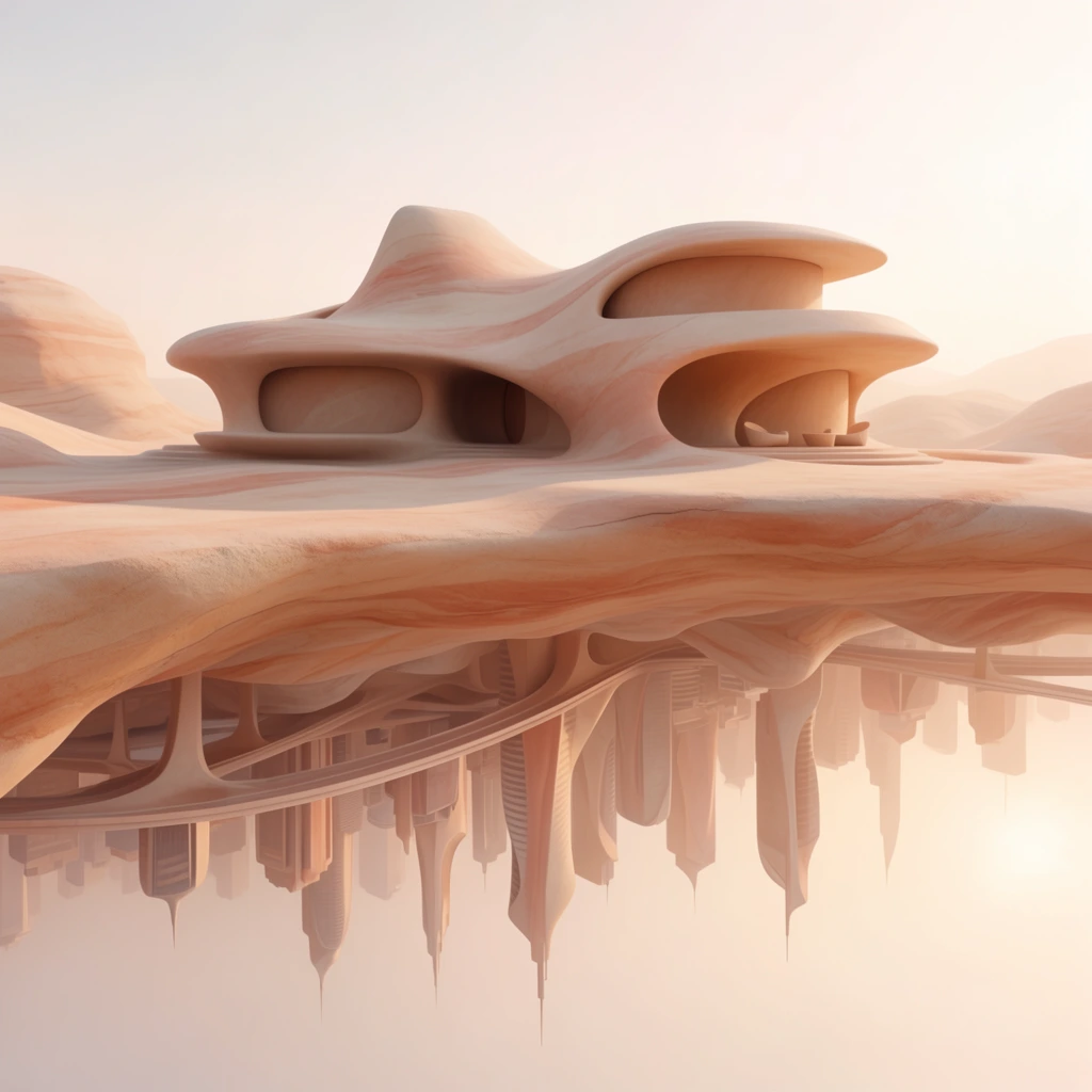 A large, organically sculpted house rests atop a thick, continuous sandstone plane, while an expansive upside-down city extends downwards from the underside of the same surface. The entire composition is formed from seamless, monolithic stone in warm monochromatic shades of peach, sand, beige, and pale terracotta, featuring natural, flowing horizontal striations reminiscent of wind-eroded desert canyons. The sprawling house above features smooth, biomimetic curves with walls that melt effortlessly into the ground plane. Beneath this horizon, the inverted metropolis consists of towering skyscrapers, sweeping overpasses, and structural spires hanging suspended in the air, all sharing the exact same soft, matte, powdery texture and fluid architectural language. The scene is bathed in soft, diffused, volumetric sunlight radiating from a pale, hazy, ethereal background, casting deep, smooth shadows that emphasize the rolling, organic curves of the structures. The perspective captures a pristine, photorealistic 3D architectural visualization with a surreal, minimalist desert aesthetic, where every structural element flows into the next to form continuous, fluid transitions between all surfaces under a bright, atmospheric sky.