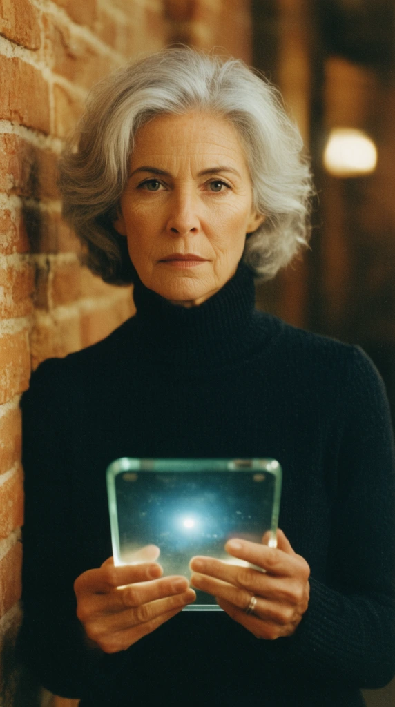 older woman with silver hair, intense gaze, dark turtleneck, holding glowing glass tablet, leaning on warm brick wall, cinematic lighting, 35mm film