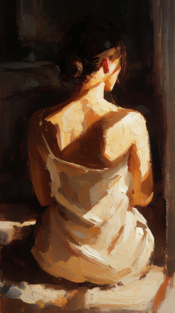 A woman viewed from the back captured in a classical oil painting featuring dramatic, intense directional sunlight against a deeply shadowed background. The figure is rendered with thick, expressive impasto brushstrokes, highlighting her form in warm creamy whites, golden yellows, and earthy ochres. Deep umber and nearly black tones form stark, contrasting shadows that frame her figure and fill the surrounding environment. The visible coarse brushwork and prominent canvas weave give the composition a highly tactile, textured quality. Strong diagonal lighting creates a pronounced chiaroscuro effect, emphasizing the heavy, sculpted application of paint in the brightly lit areas across her back and shoulders, while the dark, moody background is rendered in looser, darker strokes.