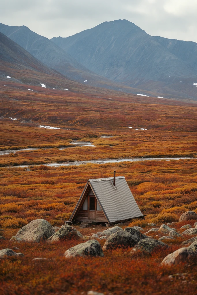 tiny A-frame cabin situated in a vast autumnal tundra, pitched corrugated roof with a thin chimney pipe, meandering shallow river, undulating valley floor covered in dense rust, orange, and golden shrubbery, foreground scattered with large weathered boulders, monumental grey-blue mountains looming in the background, small scattered snow patches, overcast soft grey sky, vast scale contrast, landscape photography, telephoto compression, deep depth of field, muted earthy tones