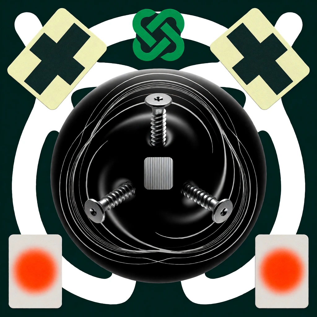 A symmetrical, high-contrast collage on a dark emerald green background framed by thick white abstract shapes. A glossy black convex form dominates the center, enveloped by swirling, concentric white linear patterns. Three photorealistic metallic screws protrude from this dark mass, pointing outward. A small ridged silver rectangle anchors the core. Arranged symmetrically around the center are flat graphic elements: a green knot-like emblem directly above, two tilted rectangular cards featuring dark geometric crosses on pale yellow in the upper corners, and two smaller cards displaying bright orange orbs in the lower corners. The piece blends stark flat graphics with dimensional metallic textures.