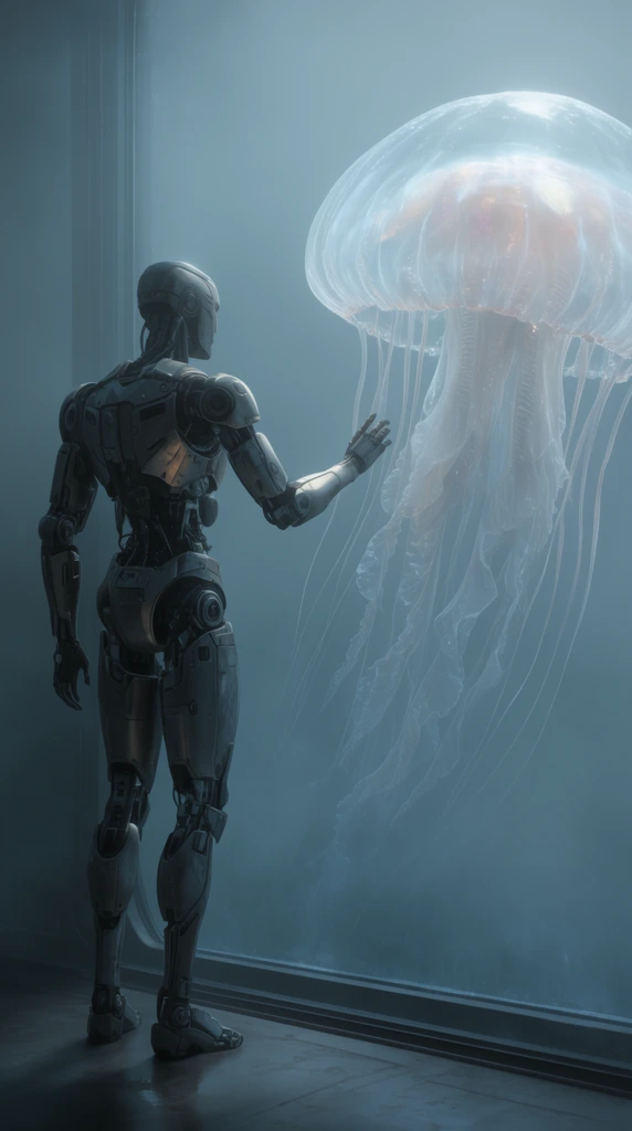 tall humanoid robot in metallic suit reaching hand toward glass partition, facing giant translucent jellyfish creature with trailing tentacles, thick blue bioluminescent fog, sci-fi encounter, over-the-shoulder framing, cinematic lighting, muted cool tones