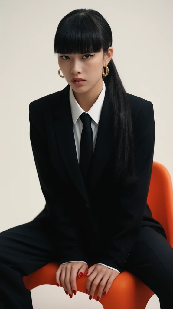 fashion editorial portrait of a young woman, tailored black blazer, crisp white shirt, black tie, dark trousers, straight black hair with blunt bangs and ponytail, gold hoop earrings, winged eyeliner, red nail polish, leaning forward on a vibrant orange modern chair, hands resting, intense direct gaze, minimalist off-white studio backdrop, soft diffused lighting, high contrast, sleek corporate aesthetic