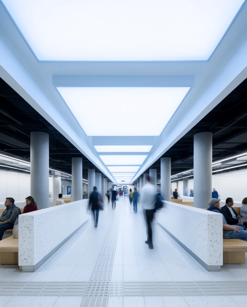 Symmetrical architectural photography of a bright minimalist transit terminal. Motion-blurred figures walk down a central corridor paved with tactile floor tiles, flanked by white terrazzo dividers and smooth grey columns. Passengers sit on light wood benches along the periphery. Expansive luminous rectangular ceiling panels cast cool, flat light down the center, starkly contrasting with dark exposed ceilings on the edges.