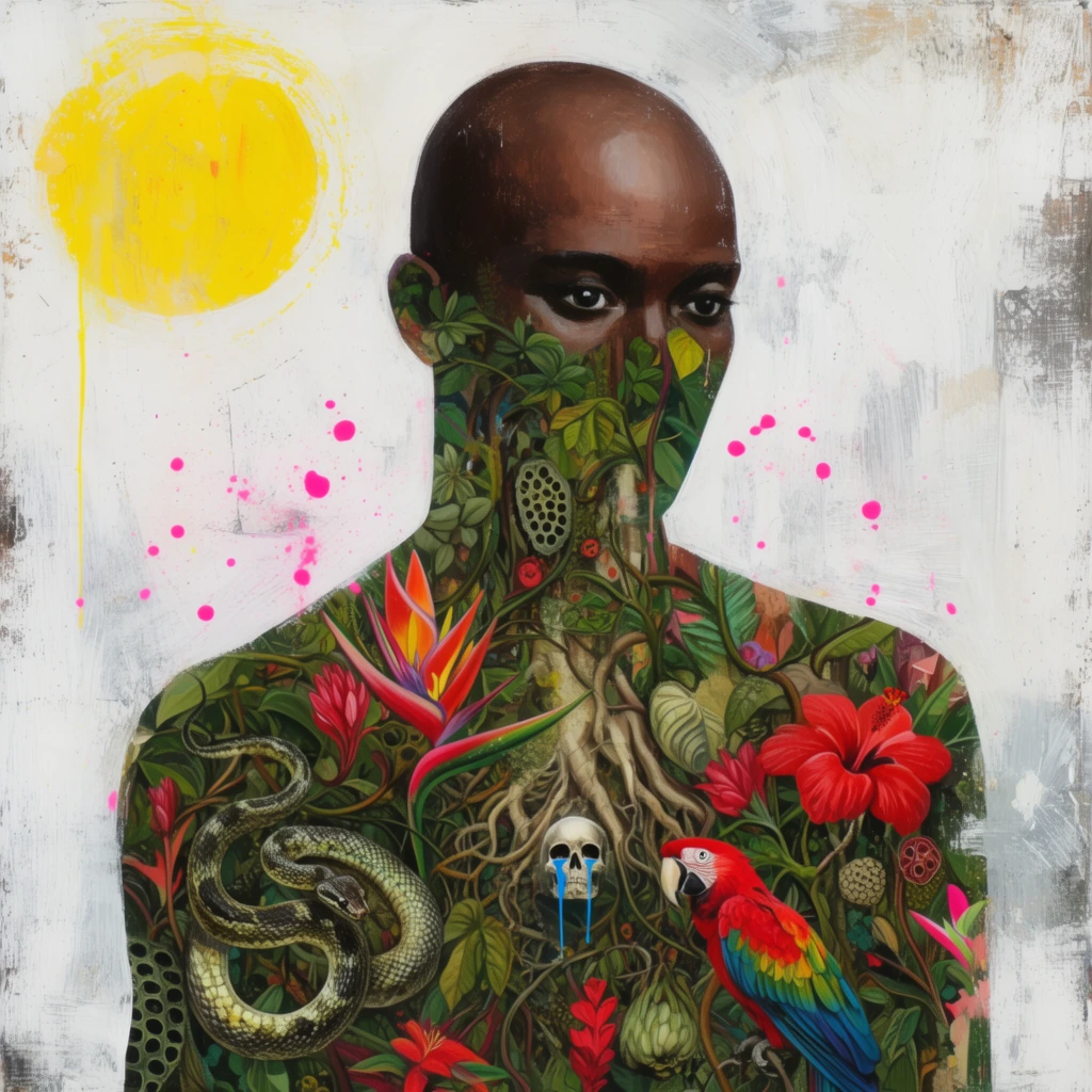 surreal mixed media portrait of a bald dark-skinned figure, torso and lower face formed by a dense botanical collage, intertwining green vines, vibrant red tropical flowers, a coiled snake, a miniature skull with blue tears, a red macaw, intricate roots and seed pods, distressed textured white background with rough brushstrokes, bright yellow circular motif in the upper left, scattered neon pink paint drops, earthy greens punctuated by vibrant jewel tones